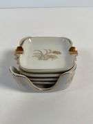 Lefton China Gilt-Trimmed Porcelain Ashtray Set with Holder, Made in Japan