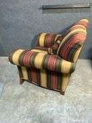 Striped Upholstered Armchair with Rolled Arms and Wooden Feet