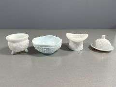 Collection of White Milk Glass Miniature Tableware Items with Etched and Embossed Designs