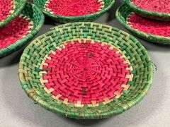 Set of Six Handwoven Straw Baskets with Red and Green Watermelon Design