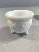 Collection of White Milk Glass Miniature Tableware Items with Etched and Embossed Designs