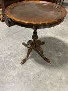 Round Wooden Pedestal Accent Table with Scalloped Edge and Glass Top