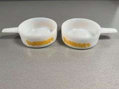 Pair of Vintage Ovenware Milk Glass Bowls with Handles and Floral Design