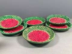 Set of Six Handwoven Straw Baskets with Red and Green Watermelon Design
