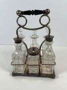 Victorian-Style Cruet Set with Glass Bottles and Metal Holder