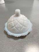 Collection of White Milk Glass Miniature Tableware Items with Etched and Embossed Designs