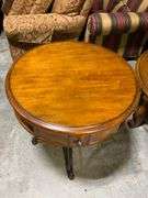 Round Wooden Side Table with Drawer and Metal Base