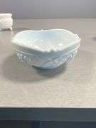 Collection of White Milk Glass Miniature Tableware Items with Etched and Embossed Designs