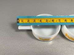 Pair of Vintage Ovenware Milk Glass Bowls with Handles and Floral Design