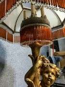 Tall Gold-Finish Cherub Floor Lamp With Glass Shade and Beaded Fringe