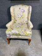Wingback Armchair with Floral Upholstery and Cabriole Legs