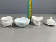 Collection of White Milk Glass Miniature Tableware Items with Etched and Embossed Designs