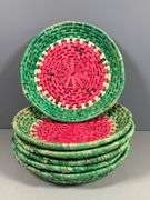 Set of Six Handwoven Straw Baskets with Red and Green Watermelon Design