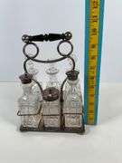 Victorian-Style Cruet Set with Glass Bottles and Metal Holder