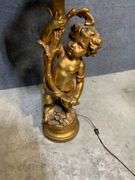 Tall Gold-Finish Cherub Floor Lamp With Glass Shade and Beaded Fringe