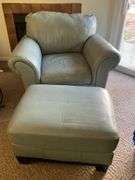 Ashley Furniture Sage Green Leather Armchair and Ottoman with Wooden Legs