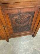 Two-Piece Wooden Sideboard With Mirrored Hutch and Carved Panel Doors