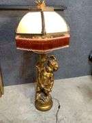 Tall Gold-Finish Cherub Floor Lamp With Glass Shade and Beaded Fringe