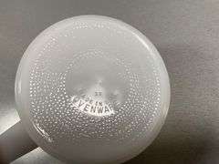 Pair of Vintage Ovenware Milk Glass Bowls with Handles and Floral Design