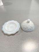 Collection of White Milk Glass Miniature Tableware Items with Etched and Embossed Designs