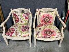Pair of Wood and Cane Armchairs With Floral Upholstery