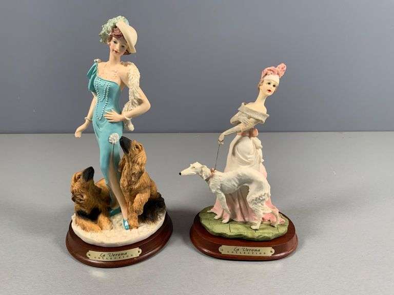Pair of La Verona Figurines on Wooden Bases Featuring Elegantly Dressed Women with Dogs