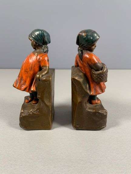Pair of Bookends Depicting Girls in Orange Dresses