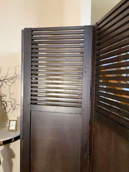 Three-Panel Wooden Room Divider with Slatted Upper Sections - Coastal ...