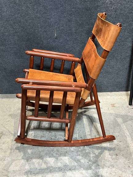 Folding Wooden Rocking Chair with Leather Panels and Costa Rica Motifs