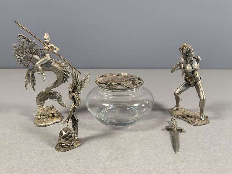 Collection of Pewter Fantasy Figurines and Glass Bowl