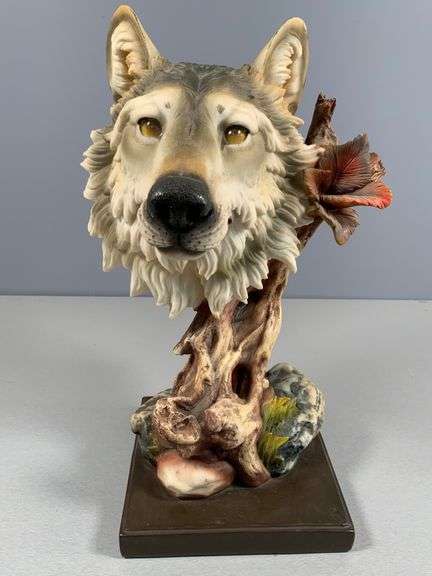 14-Inch Painted Wolf Bust Sculpture on Faux Wood Base