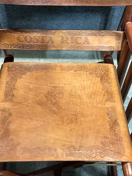 Folding Wooden Rocking Chair with Leather Panels and Costa Rica Motifs