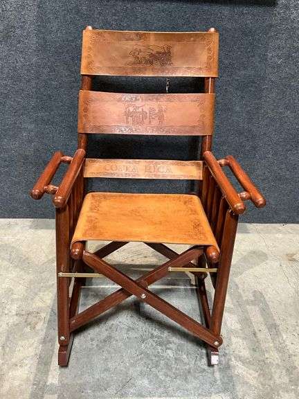 Folding Wooden Rocking Chair with Leather Panels and Costa Rica Motifs