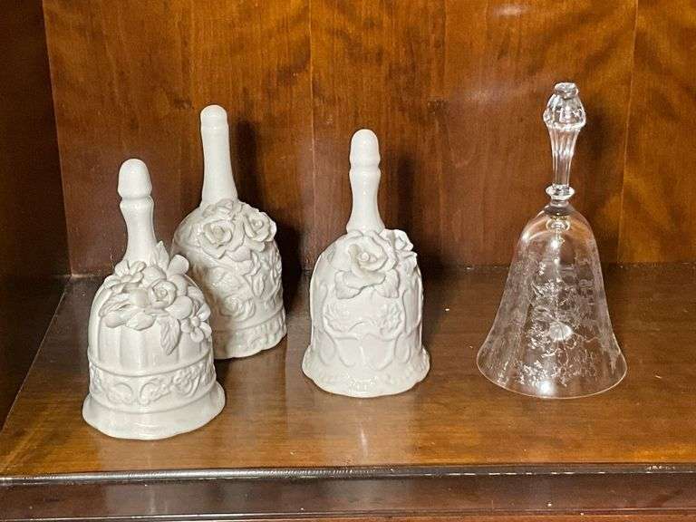 Ceramic Floral Bells and Etched Glass Bell Set