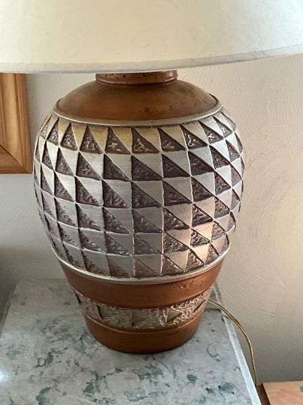 Ceramic Table Lamp With Geometric Pattern and Tapered Shade