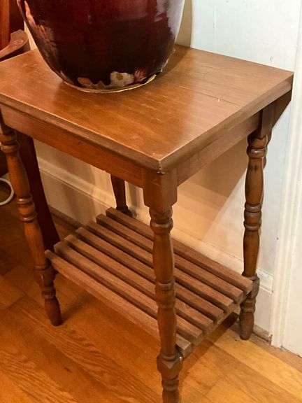 Wooden Side Table with Slatted Lower Shelf and Turned Legs