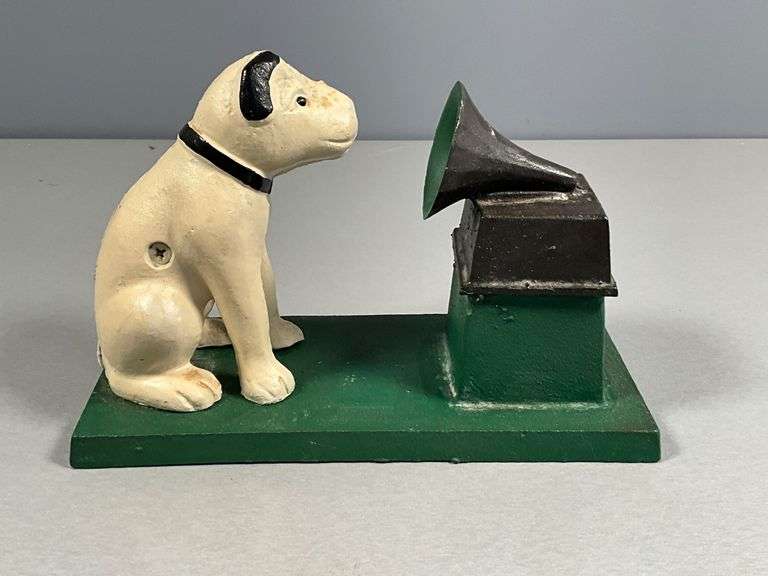 Cast Iron Dog Figurine with Gramophone on Green Base