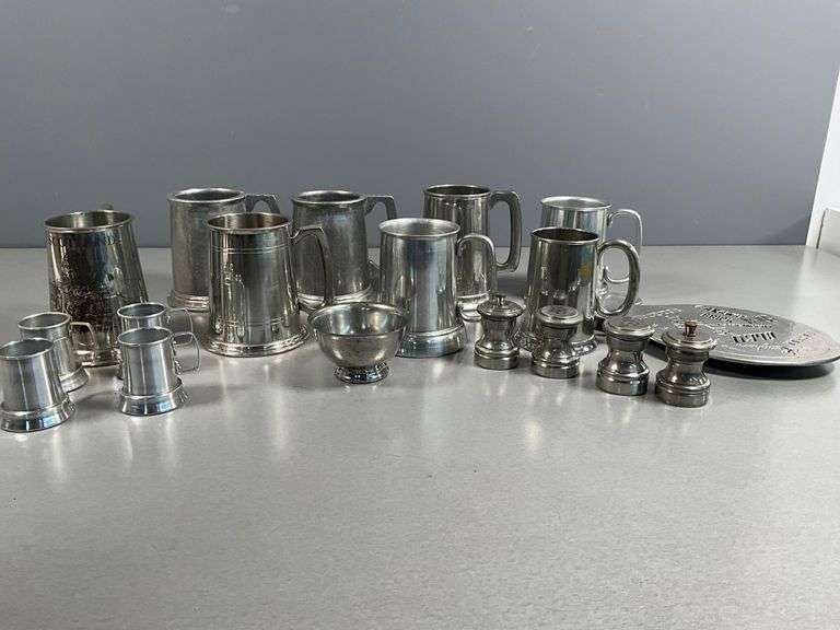 Pewter, Silver Toned Mugs, Salt Shakers, and Accessories