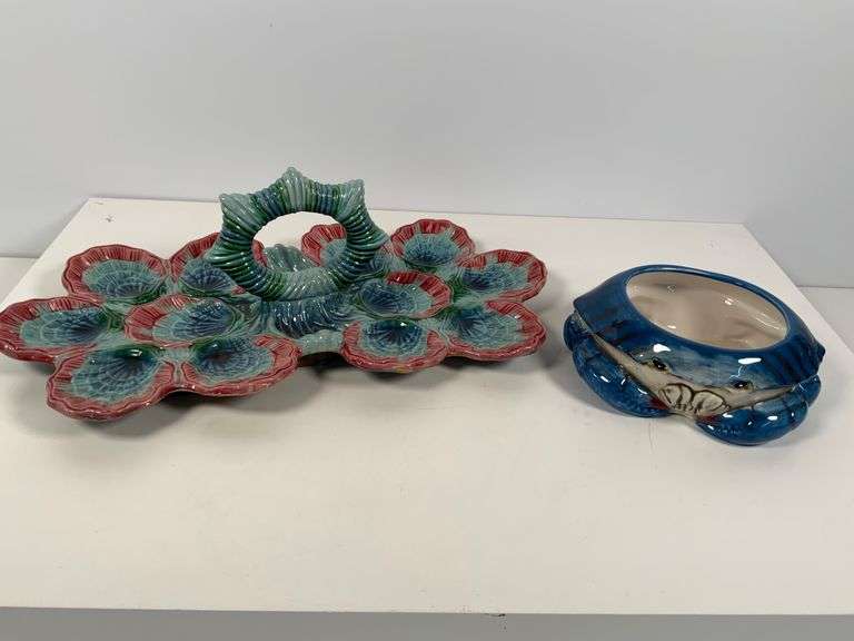 Ceramic Oyster Platter and Crab-Themed Bowl