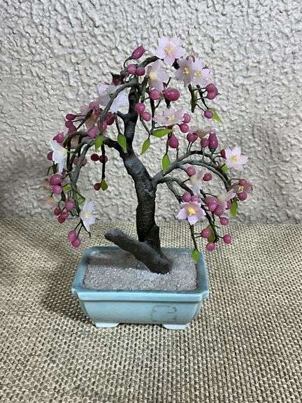 Andrea Glass Artificial Cherry Blossom Tree in Ceramic Bonsai Planter