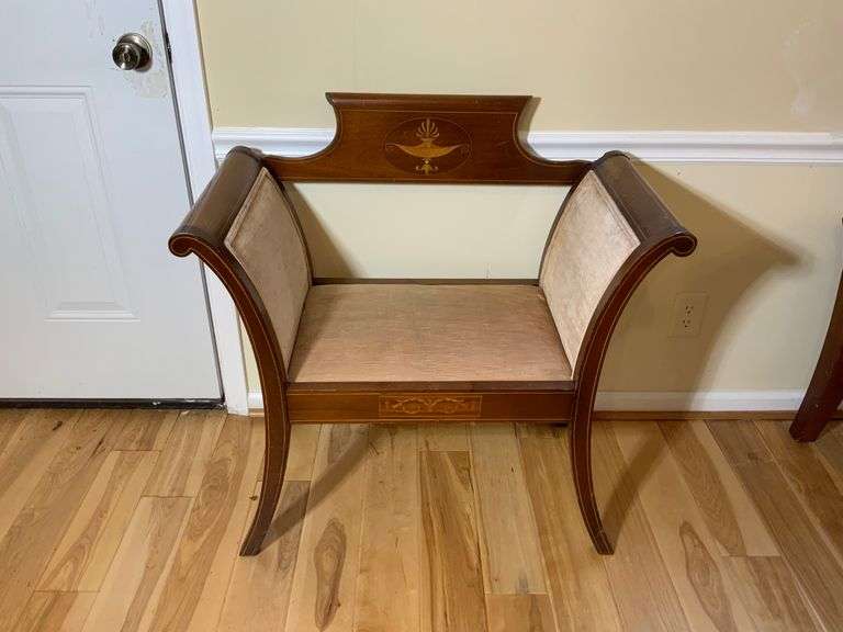 Wooden Loveseat Bench With Inlay Design and Upholstered Seat