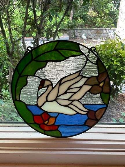 Stained Glass Oval Panel Featuring Swan and Floral Design