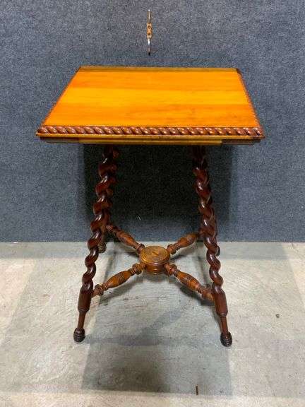 Wood Side Table with Barley Twist Legs and Decorative Cross-Stretcher