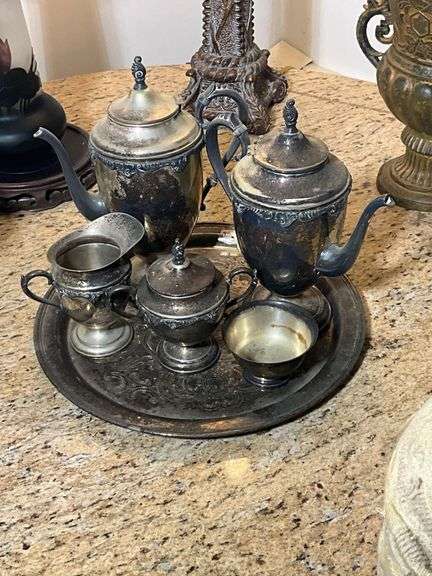 Silver on Copper and Silver-Plated Tea and Coffee Set with Tray