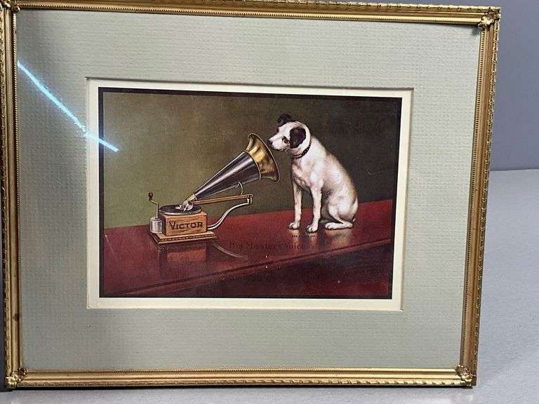 Two Framed Prints Depicting ‘His Master’s Voice’ with Gramophone by Victor