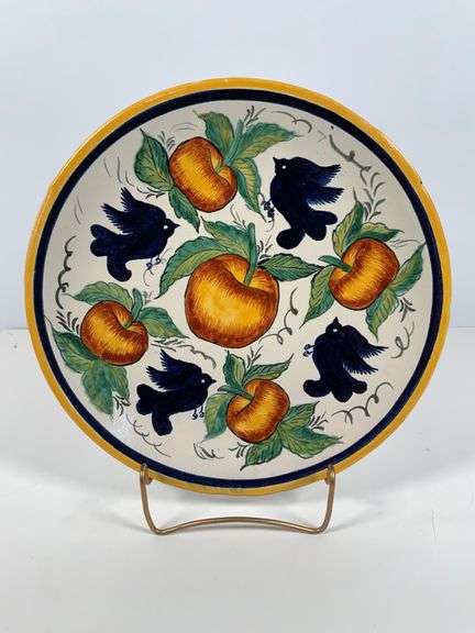 Hand-Painted Ceramic Plate by La Concordia with Fruit and Bird Motif