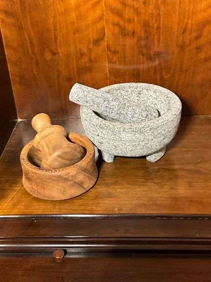 Two Mortar and Pestle Sets in Wood and Stone