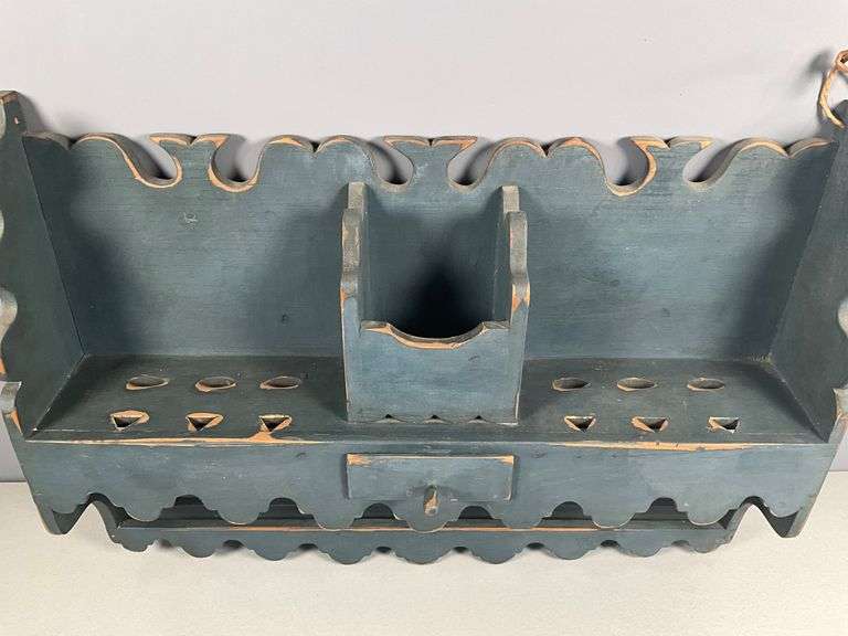 Blue Wooden Hanging Shelf With Scalloped Edges and Drawer