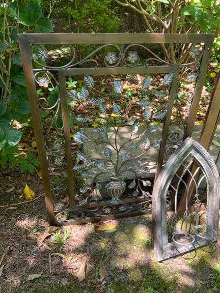 Decorative Yard Art Featuring Two Wood-Framed Pieces and One Metal Piece