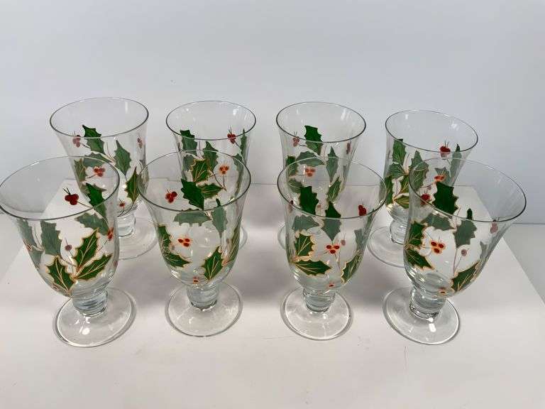 8 Hand Painted Glass Goblets with Holly Design